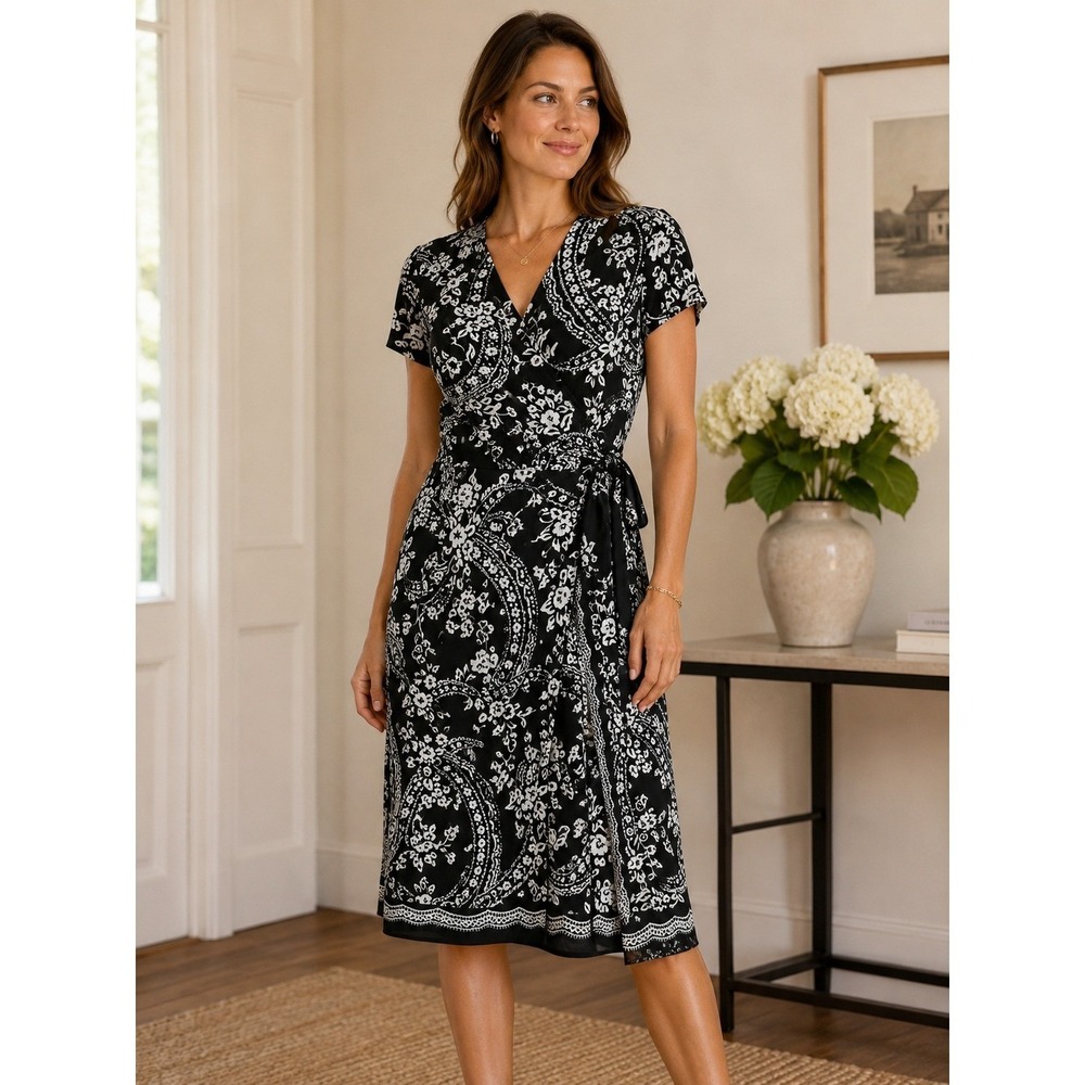 Vintage Talbots Black‎ White Paisley Faux Wrap Dress Size 10